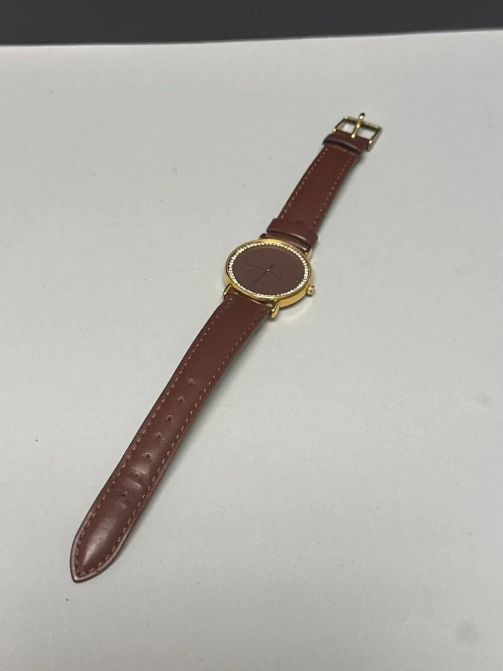 VTG. Tali Bevelry Hills Watch Women Gold Tone Brown Dial Leather Band 9
